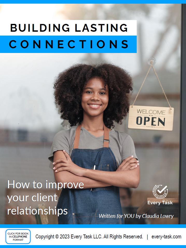 Woman with curly hair smiling confidently in front of a shop window with a "Welcome Open" sign, promoting the eBook "Building Lasting Connections" focused on improving client relationships for business owners.
