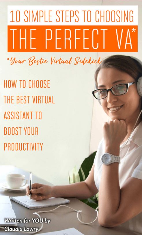 Woman with glasses smiling while working on a laptop, surrounded by a coffee cup and a notepad, promoting eBook "10 Simple Steps to Choosing the Perfect VA" for selecting an ideal virtual assistant to enhance productivity.