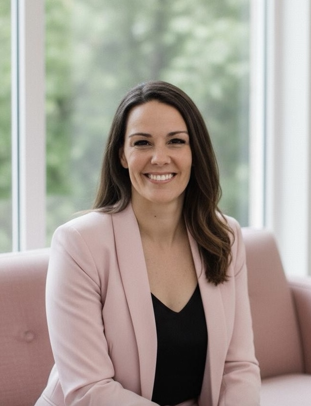 Woman seated at a table with a laptop, surrounded by decorative items and flowers, representing virtual assistant services and productivity support for businesses.