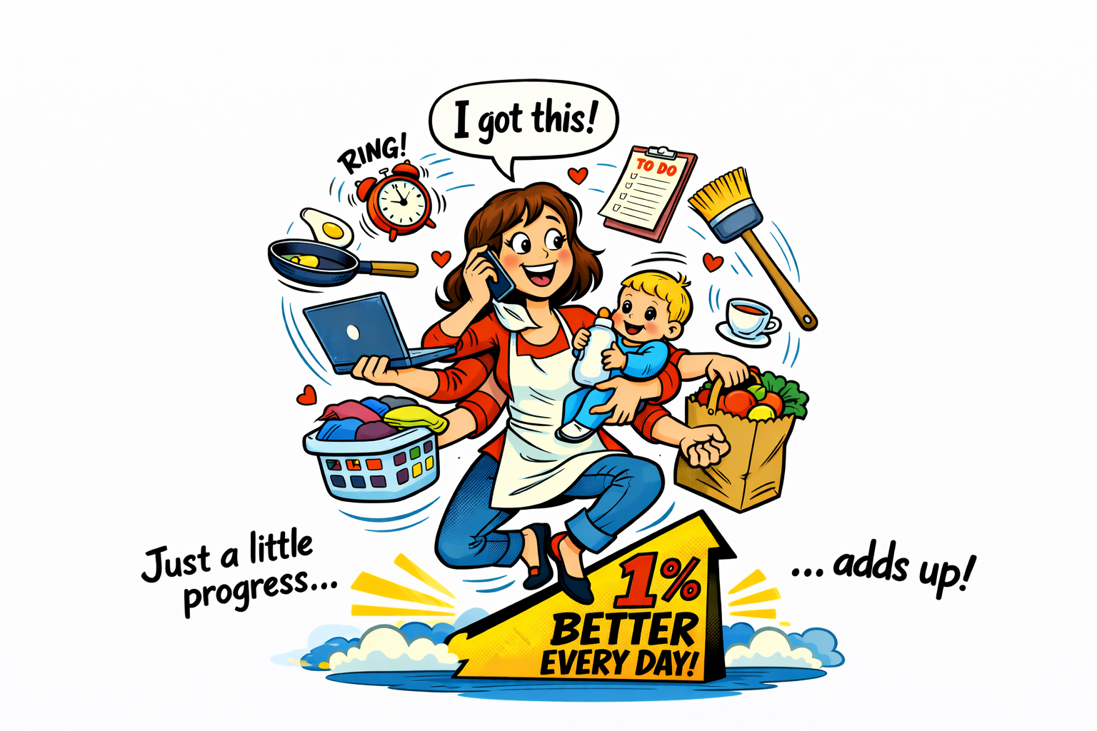 Busy mom juggling baby, laptop, groceries and chores, showing progress with 1% better every day message Busy mom juggling baby, laptop, groceries and chores, showing progress with 1% better every day message