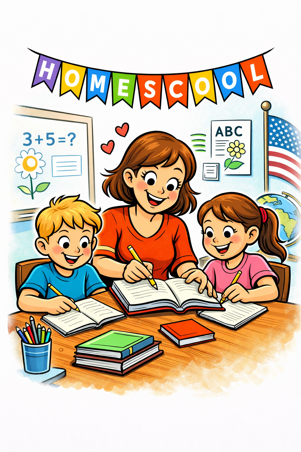 Mom homeschooling two kids at a table with books and pencils, guiding learning in a calm, engaging environment Mom homeschooling two kids at a table with books and pencils, guiding learning in a calm, engaging environment