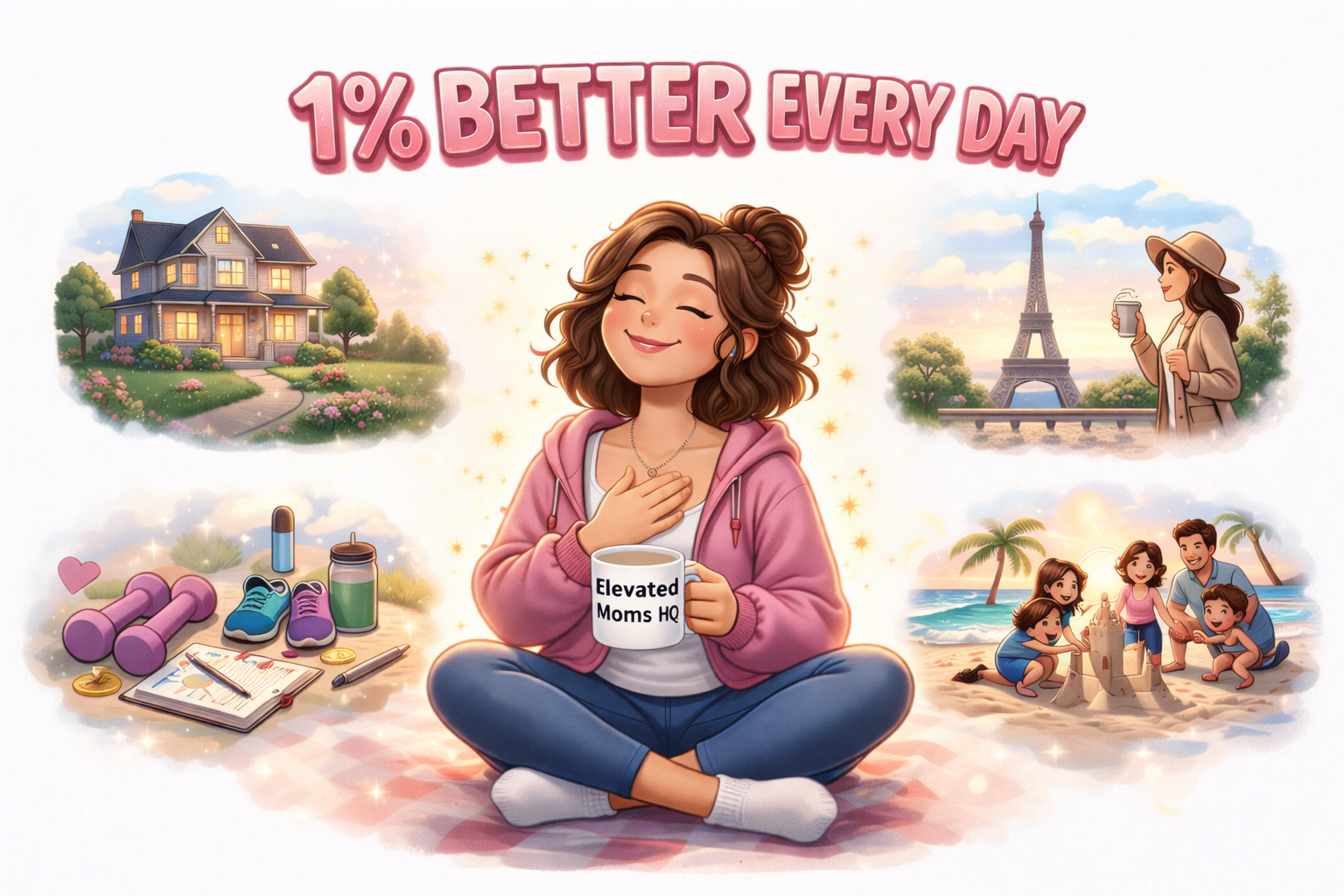 Mom visualizing life goals around her while holding mug labeled Elevated Moms HQ, symbolizing 1% better every day mindset Mom visualizing life goals around her while holding mug labeled Elevated Moms HQ, symbolizing 1% better every day mindset
