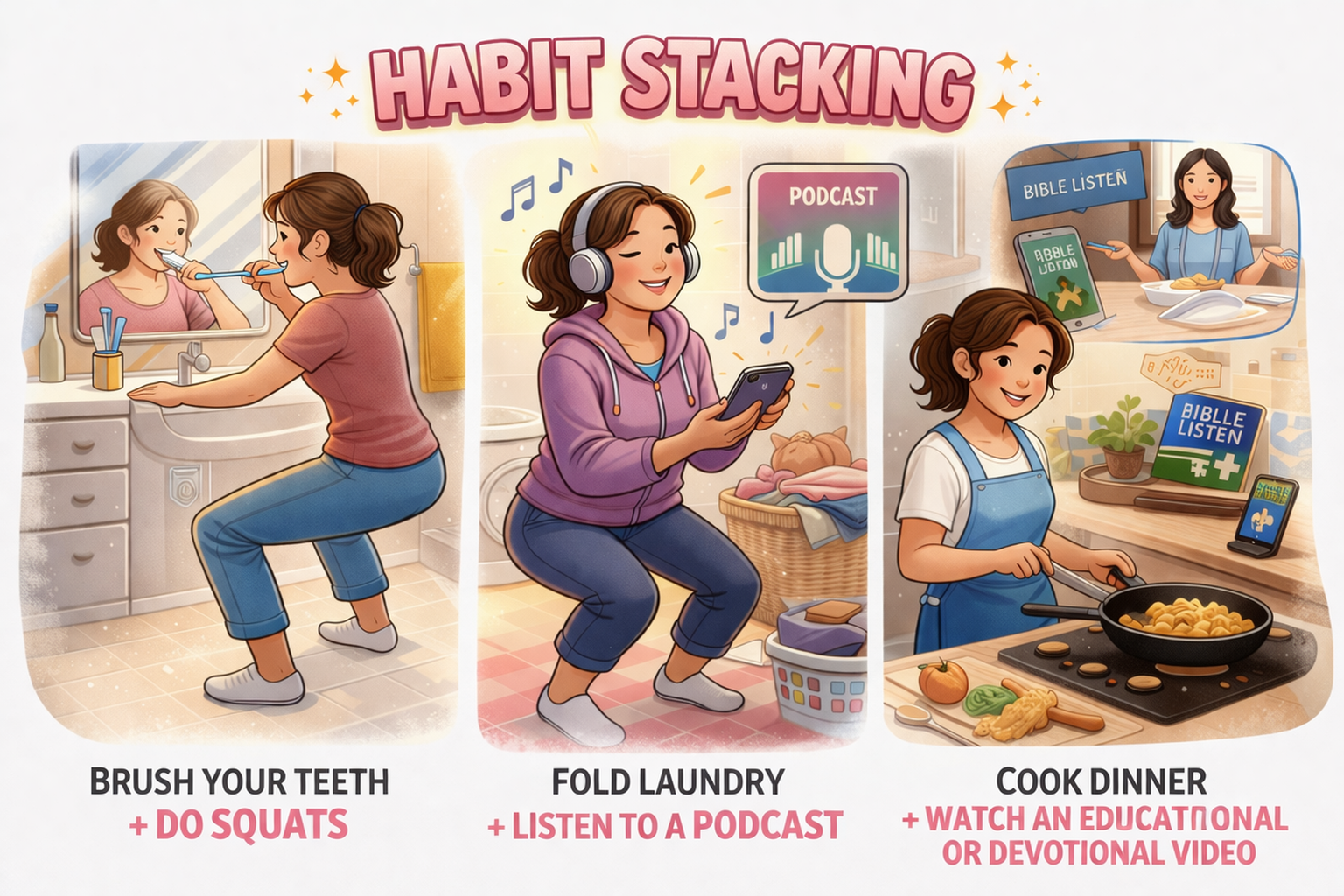 Mom stacking daily habits by combining tasks like squats, laundry, and cooking with learning and personal growth activities Mom stacking daily habits by combining tasks like squats, laundry, and cooking with learning and personal growth activities