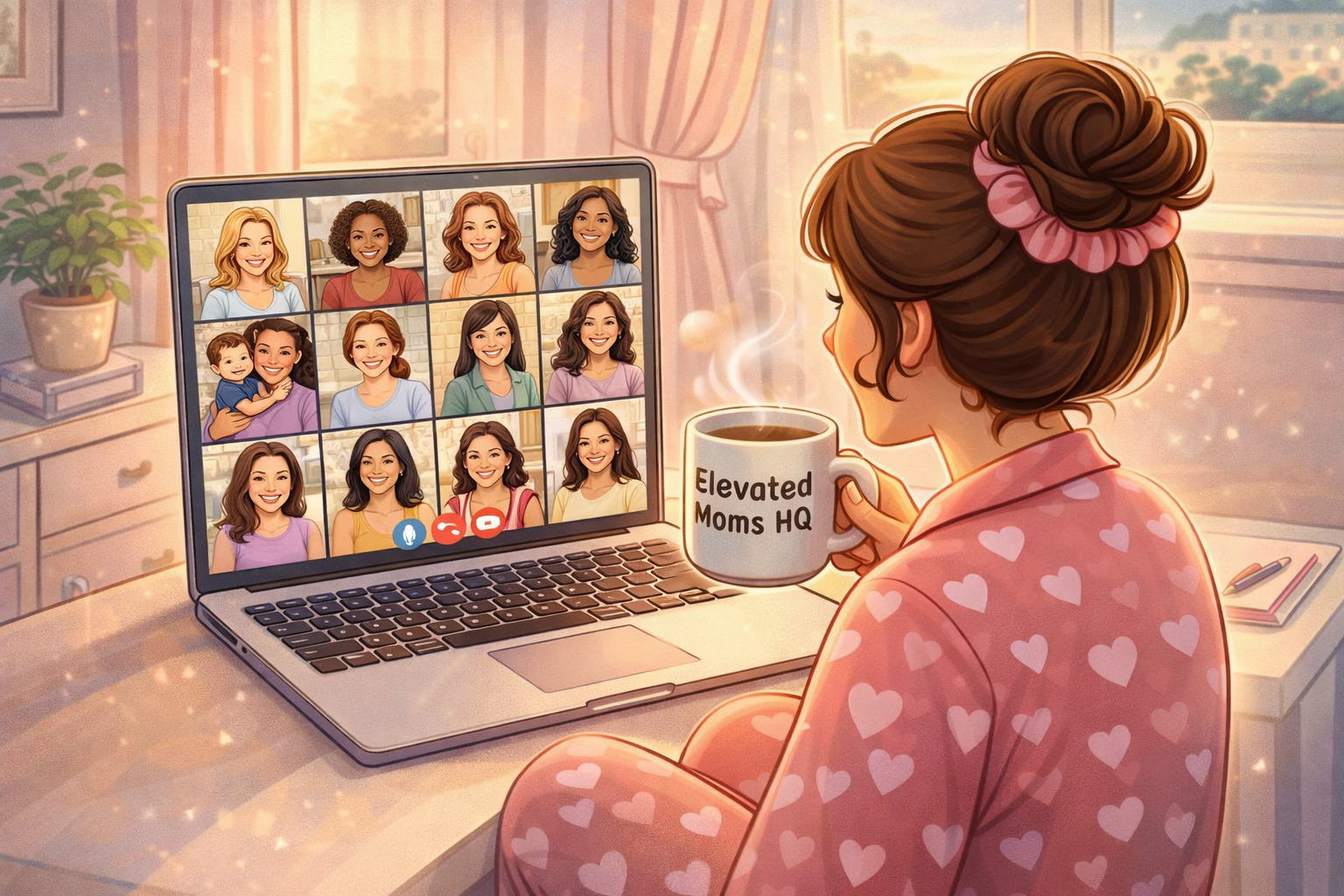 Mom in pajamas enjoying coffee while connecting on a video call with a supportive community of moms, showing connection and shared growth Mom in pajamas enjoying coffee while connecting on a video call with a supportive community of moms, showing connection and shared growth