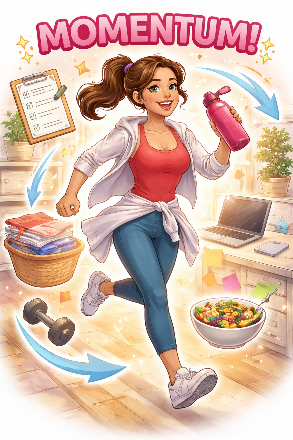 Mom building momentum through daily habits, moving with energy between fitness, home tasks, and productivity routines Mom building momentum through daily habits, moving with energy between fitness, home tasks, and productivity routines