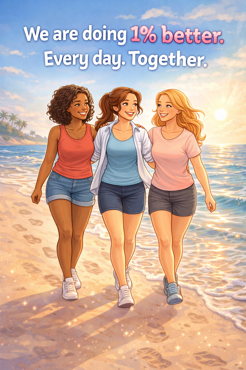 Three moms walking together on the beach with message We are doing 1% better every day together, symbolizing community and progress Three moms walking together on the beach with message We are doing 1% better every day together, symbolizing community and progress