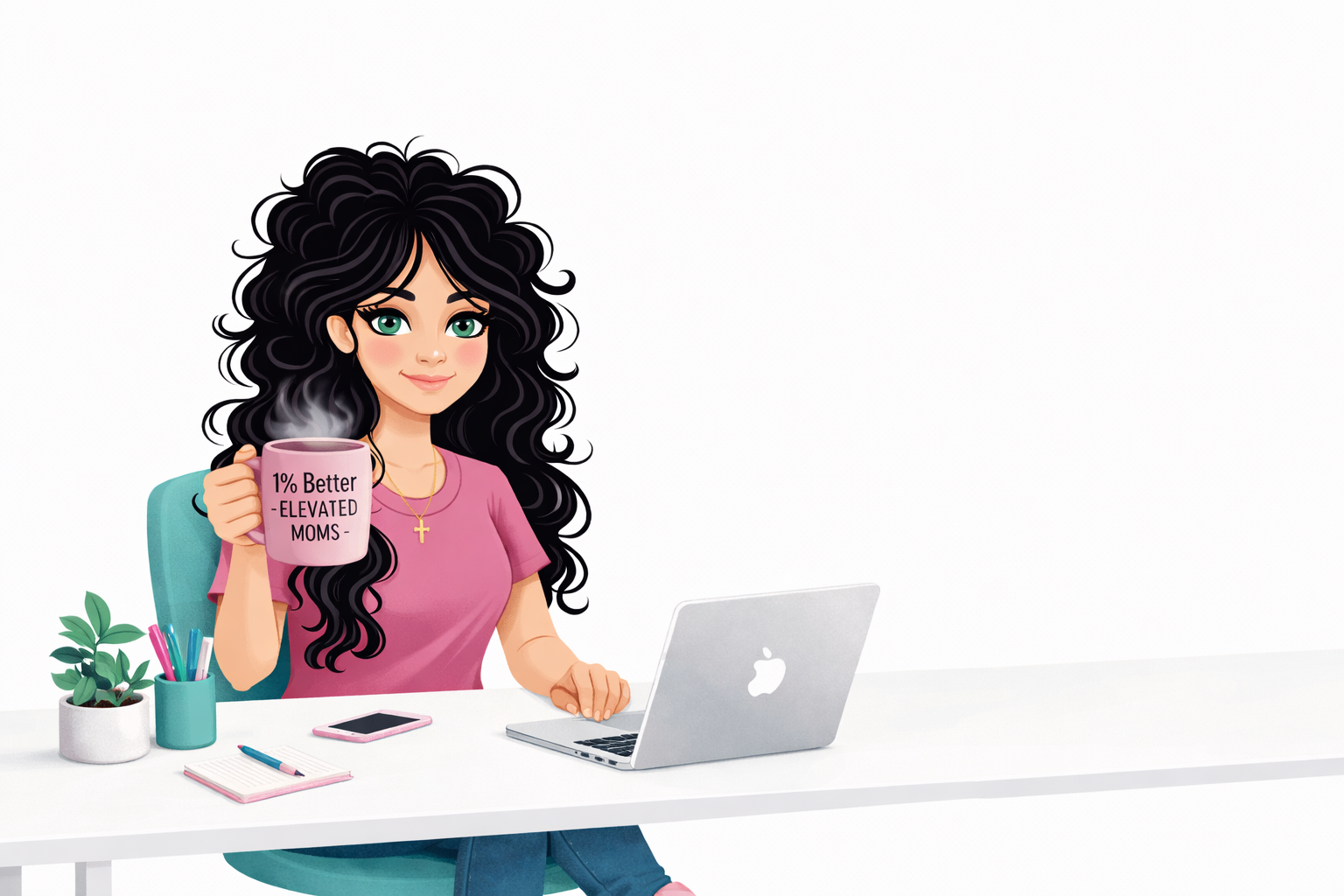 Elevated Moms HQ - Animated Mom drinking coffee at her desk Elevated Moms HQ - Animated Mom drinking coffee at her desk