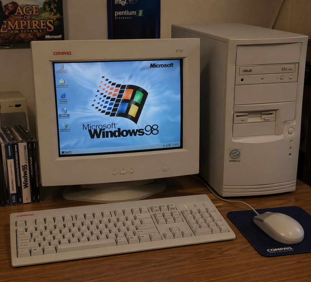 Vintage Pentium III desktop computer setup with beige tower, CRT monitor displaying Windows 98, keyboard and mouse on wooden desk