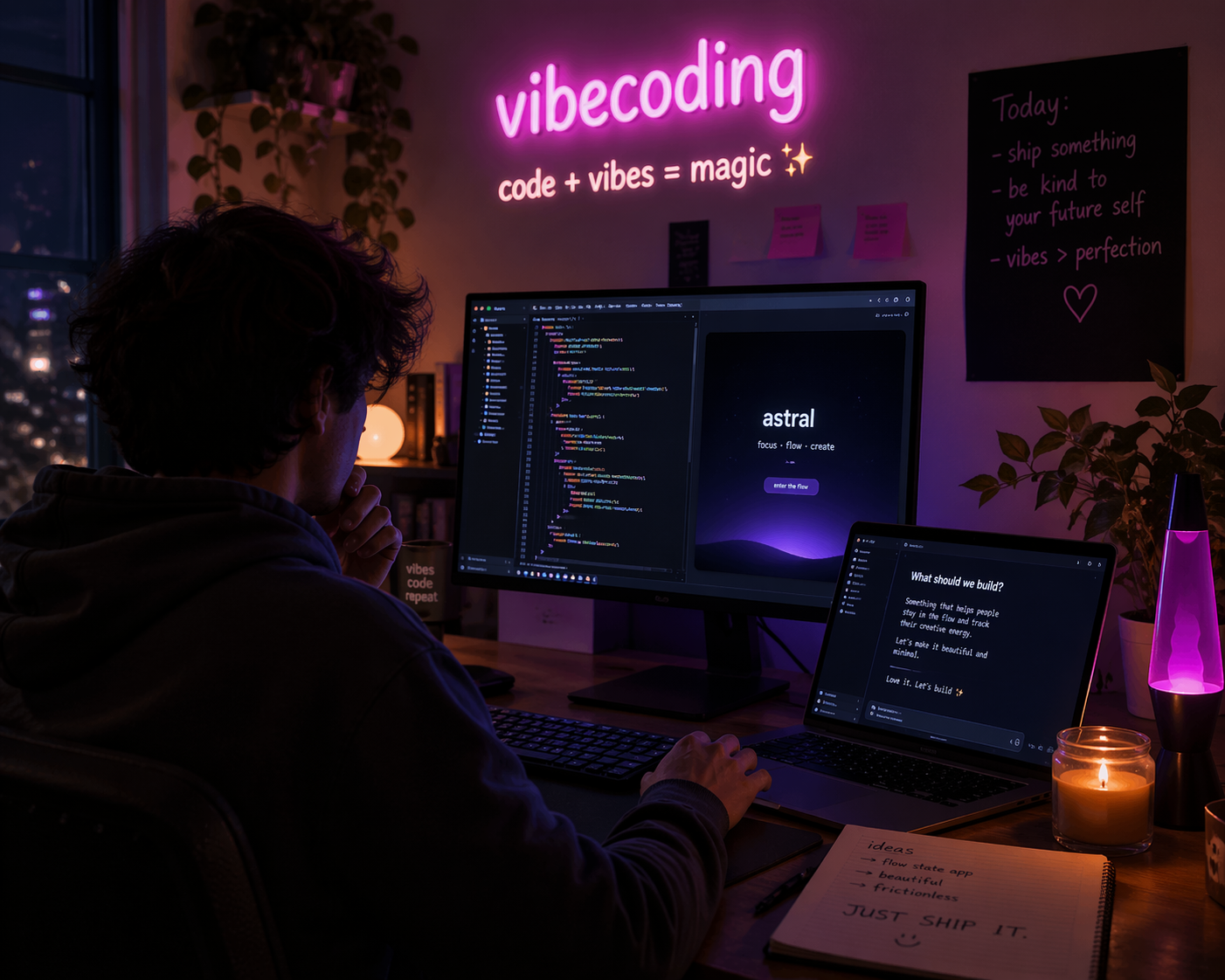 Person coding at night in a neon-lit workspace with multiple screens, showcasing creative vibecoding setup with ambient lighting, plants, and modern tech desk