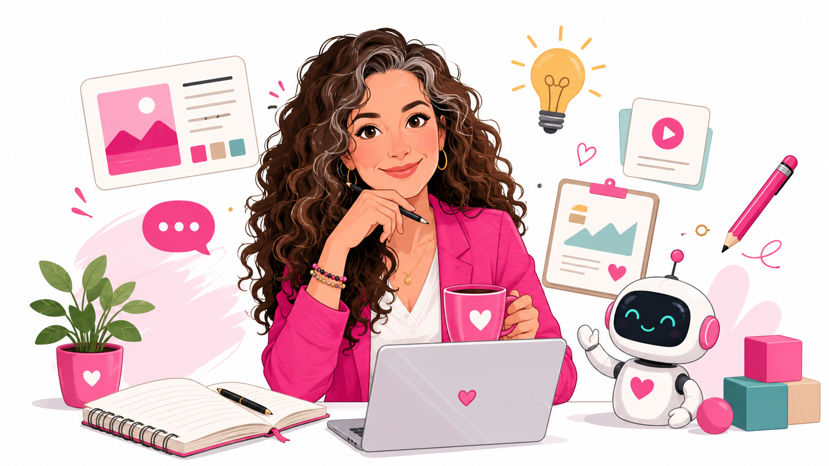 Cartoon style blog image of AI coach Joy Nicholson working at a desk with a laptop, notebook and coffee, alongside a friendly robot, surrounded by branding, content creation and creative business icons.
