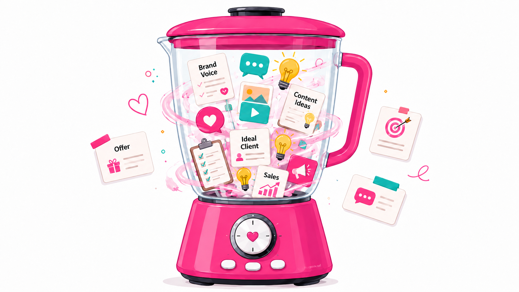 A pink blender on a counter with business ideas inside. 