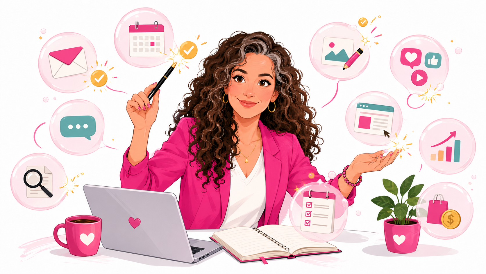 Cartoon style image of a business owner at her desk popping task bubbles with AI, showing how AI helps complete daily business tasks like email, content, scheduling, social media, sales and admin.