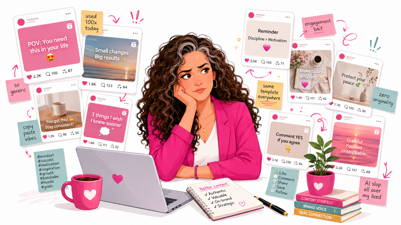 Cartoon style image of a frustrated business owner surrounded by generic AI generated social media posts, showing overwhelm with low quality content and AI slop on social media.