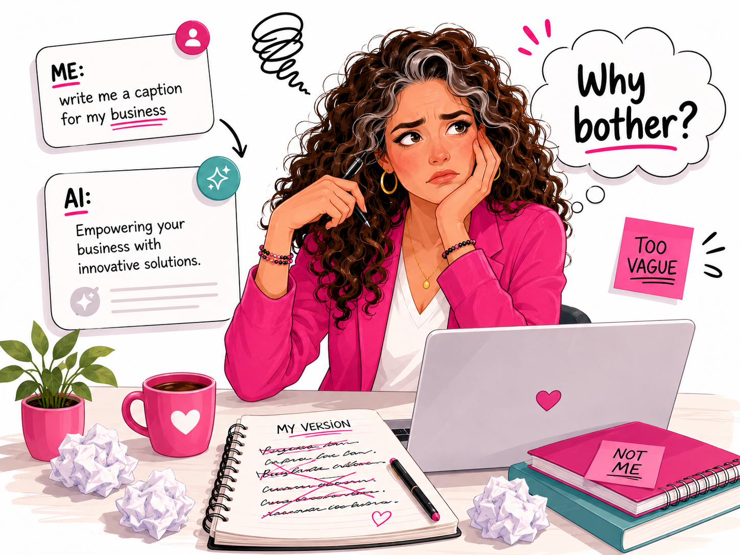 Cartoon style illustration of a frustrated business owner at her desk looking unimpressed by a vague AI generated caption, with notes and visuals showing generic content that does not match her brand voice.