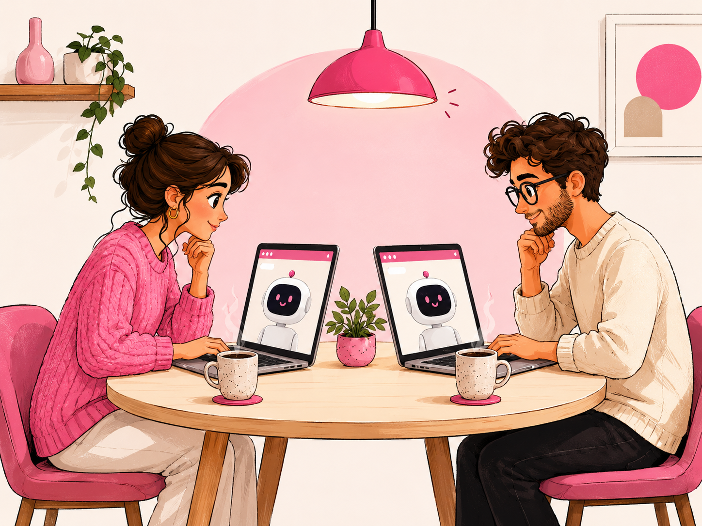 Illustrated scene of two people sitting across from each other at a round table, each working on a laptop with a friendly AI assistant on the screen. A woman in a bright pink sweater sits on the left and a man in a cream sweater sits on the right. Matching coffee mugs steam beside their laptops, with a small plant in the centre of the table. The room has soft pink accents, a pink hanging lamp, wall art, and a calm, modern workspace feel. The image conveys two people using the same AI tools in the same setting to create content. Illustrated scene of two people sitting across from each other at a round table, each working on a laptop with a friendly AI assistant on the screen. A woman in a bright pink sweater sits on the left and a man in a cream sweater sits on the right. Matching coffee mugs steam beside their laptops, with a small plant in the centre of the table. The room has soft pink accents, a pink hanging lamp, wall art, and a calm, modern workspace feel. The image conveys two people using the same AI tools in the same setting to create content.