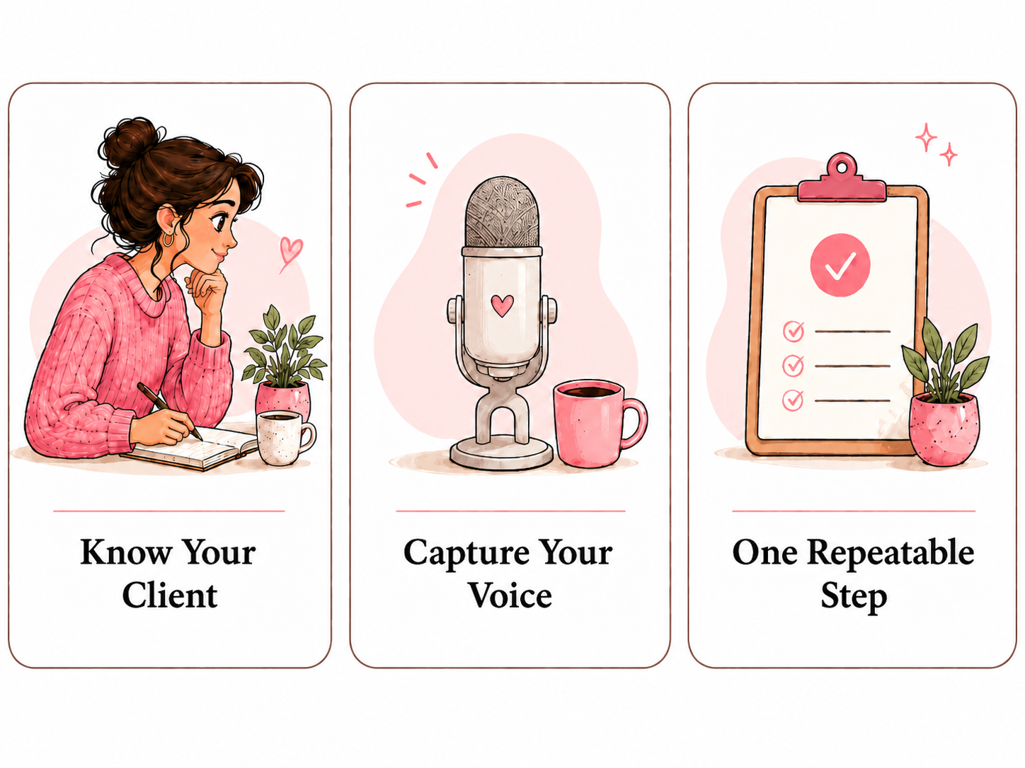 Illustrated three-step brand messaging graphic showing “Know Your Client,” “Capture Your Voice,” and “One Repeatable Step” on clean white cards with pink accents. Illustrated three-step brand messaging graphic showing “Know Your Client,” “Capture Your Voice,” and “One Repeatable Step” on clean white cards with pink accents.