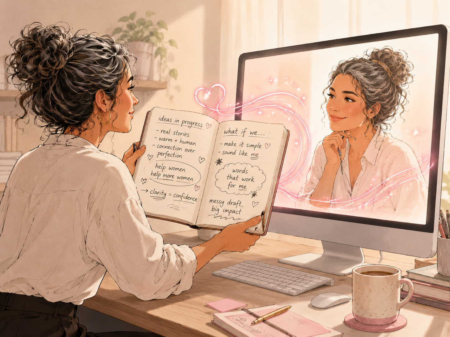 Woman at kitchen table cringing at AI writing on her laptop, with coffee beside her in a bright pink-toned home kitchen. Woman at kitchen table cringing at AI writing on her laptop, with coffee beside her in a bright pink-toned home kitchen.
