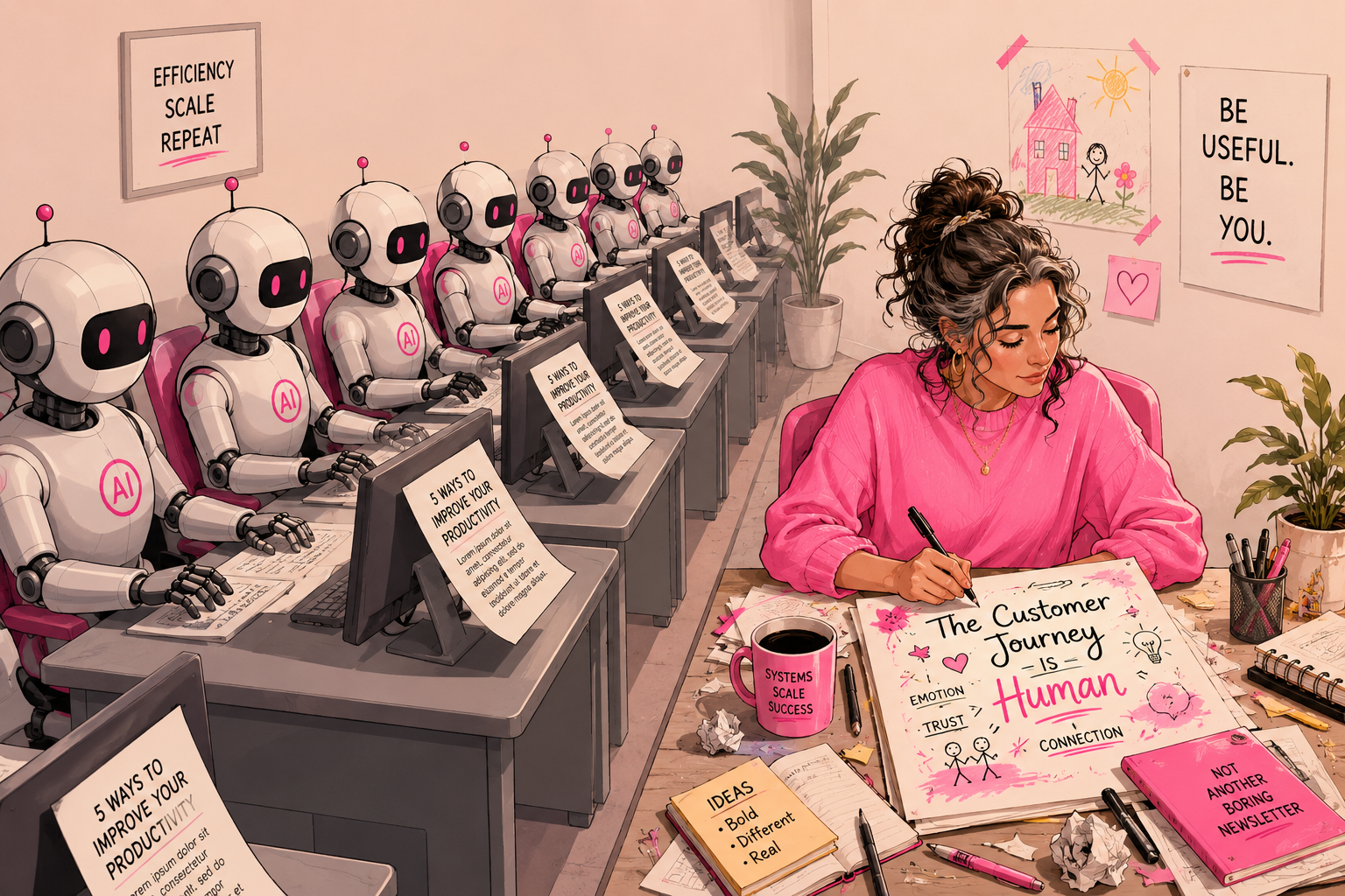 Woman at kitchen table cringing at AI-written content on her laptop, with coffee beside her. Woman at kitchen table cringing at AI-written content on her laptop, with coffee beside her.