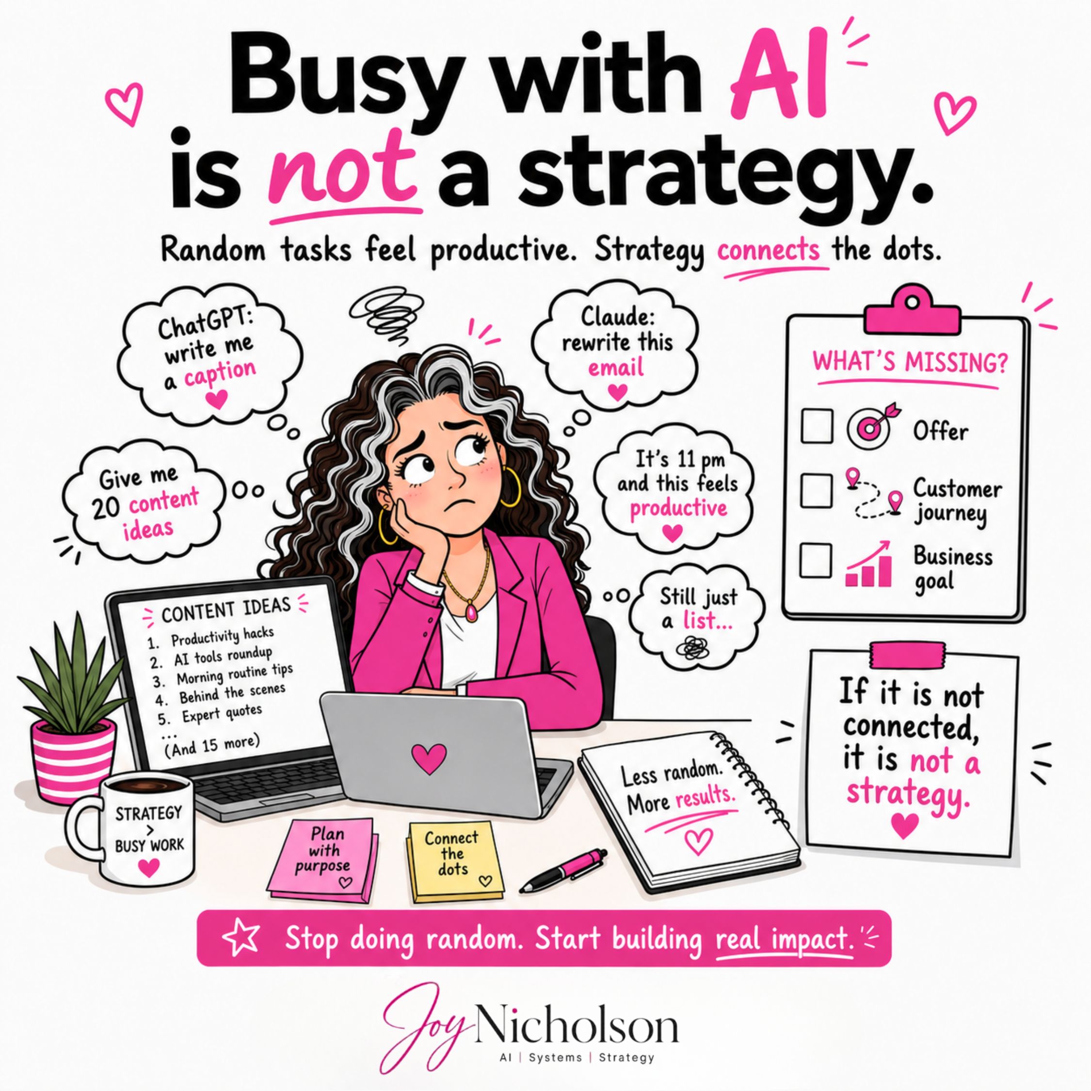 a woman dressed in pink with speech bubbles on too much 
