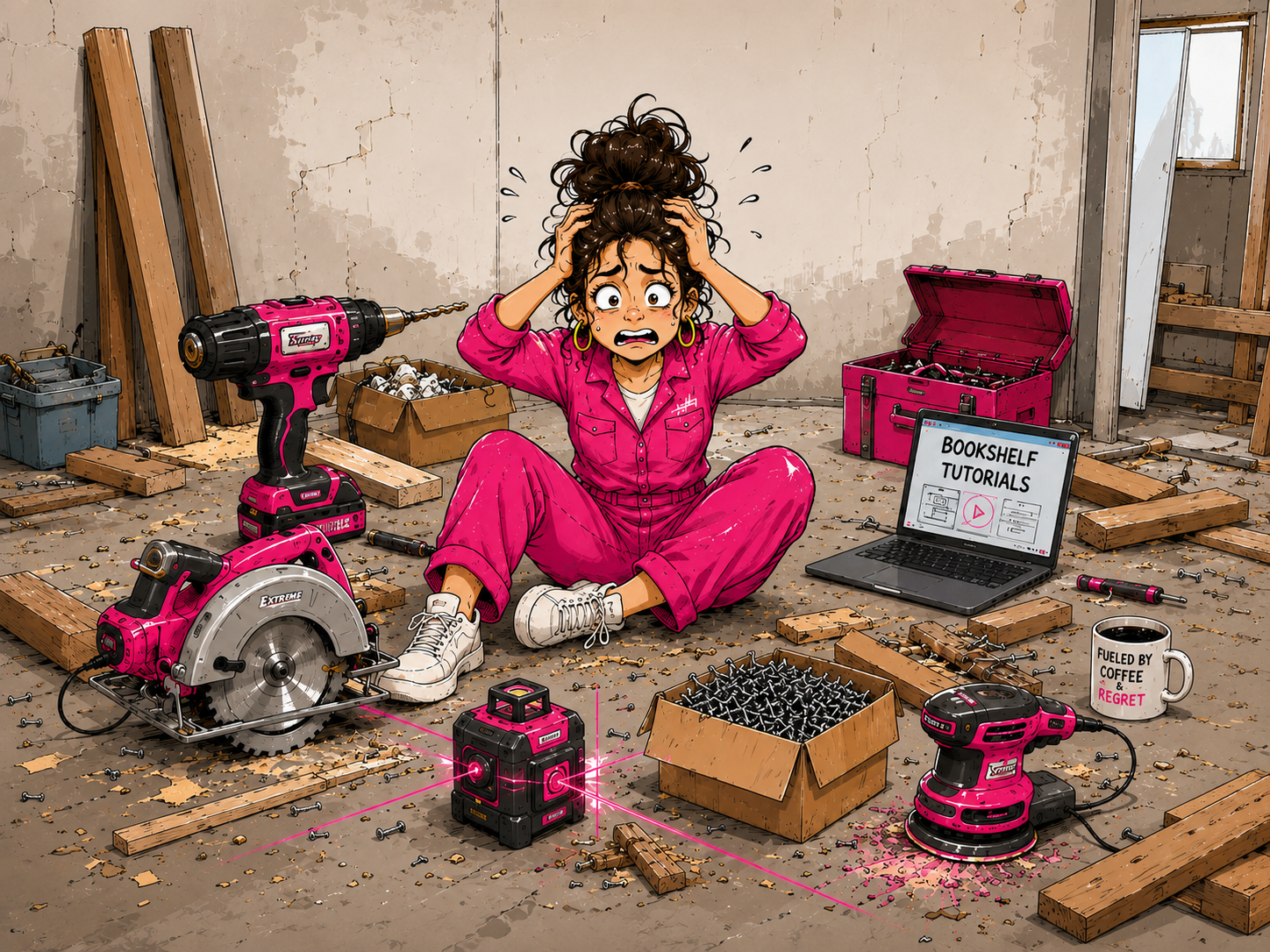 woman in pink clothing sitting on the floor surrounded by tools and looking frazzled 