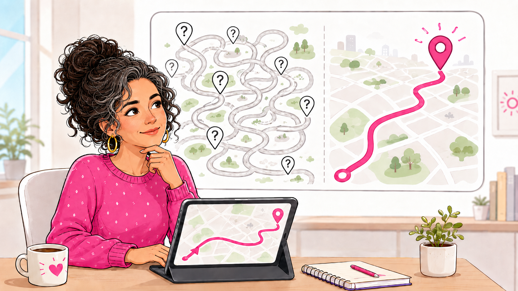 a woman at a desk looking at maps 
