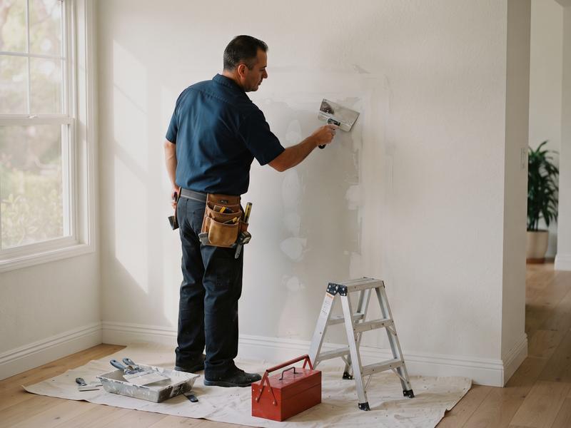 A handyman smoothing joint compound over a drywall patch with a taping knife, toolbox and stepladder nearby.