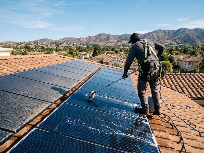 A worker cleaning rooftop solar panels with a long-handled brush, soapy water sheeting off the glass.