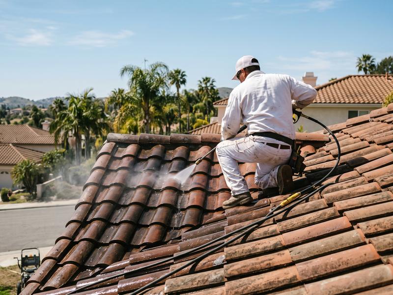 A painter pressure washing a Spanish clay tile roof, cleaned tile contrasting with the dusty tile beside it.