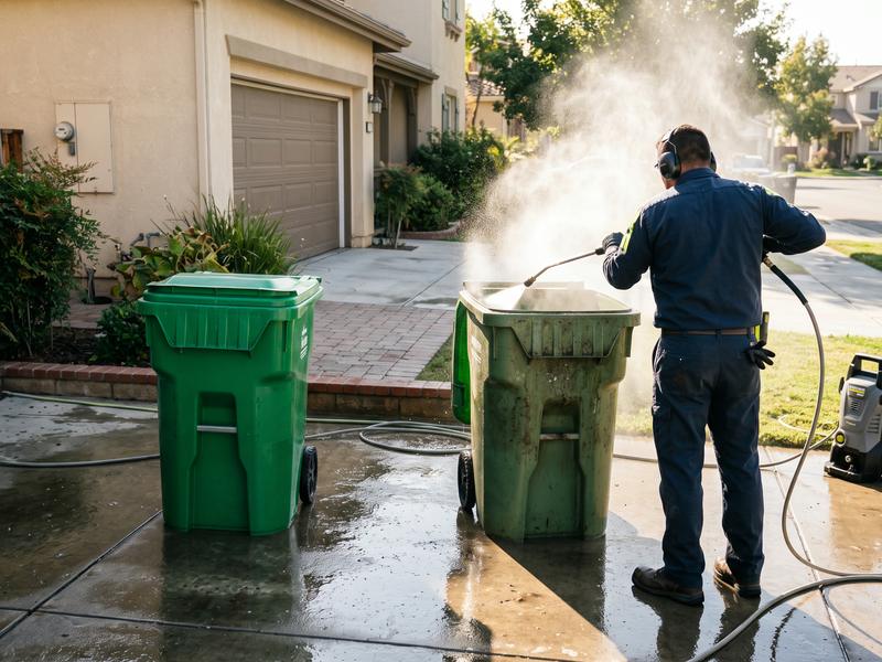 Residential wheeled trash bins being pressure washed on a driveway, one bin clean and one still grimy.