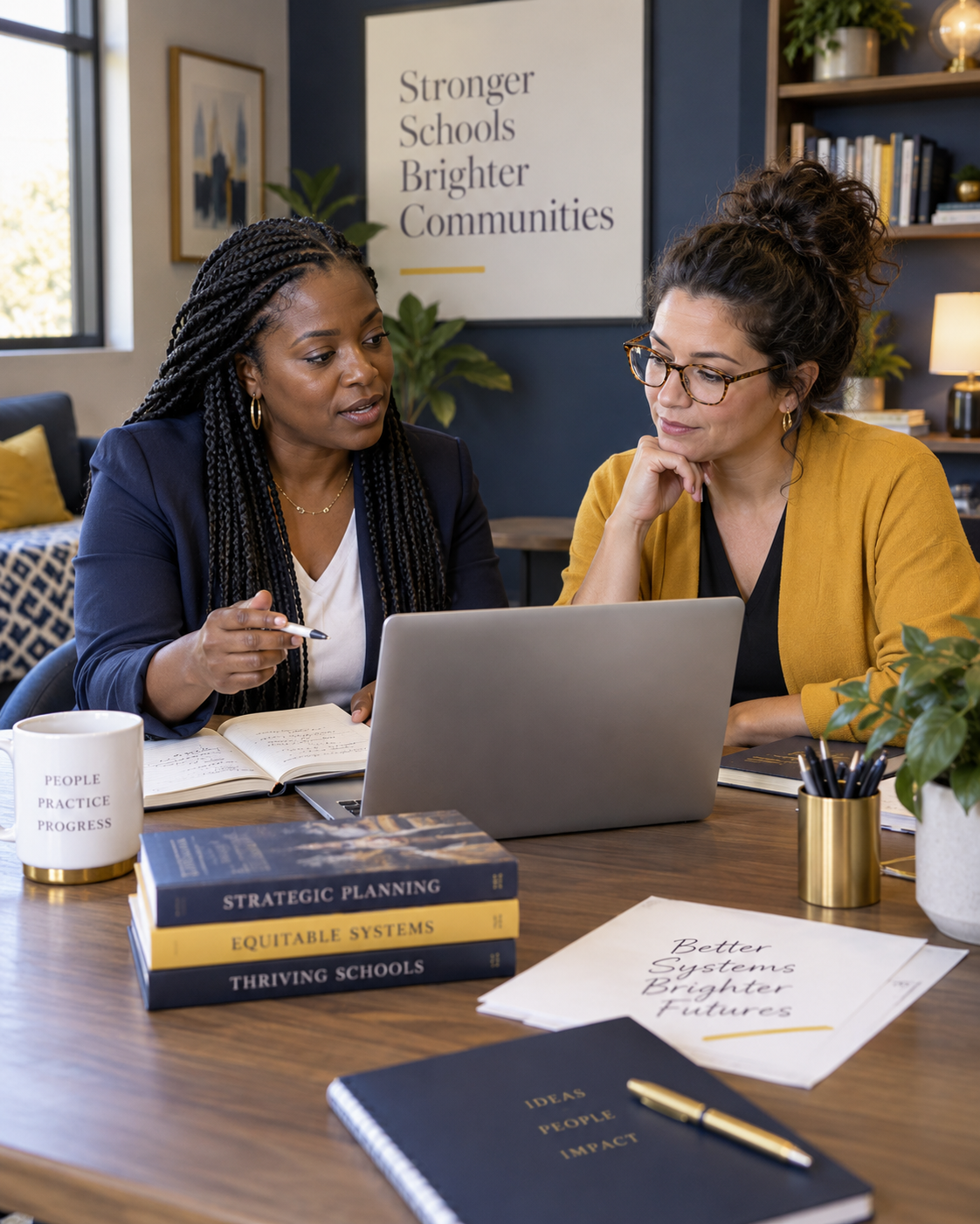 Two educators collaborating in a strategy meeting