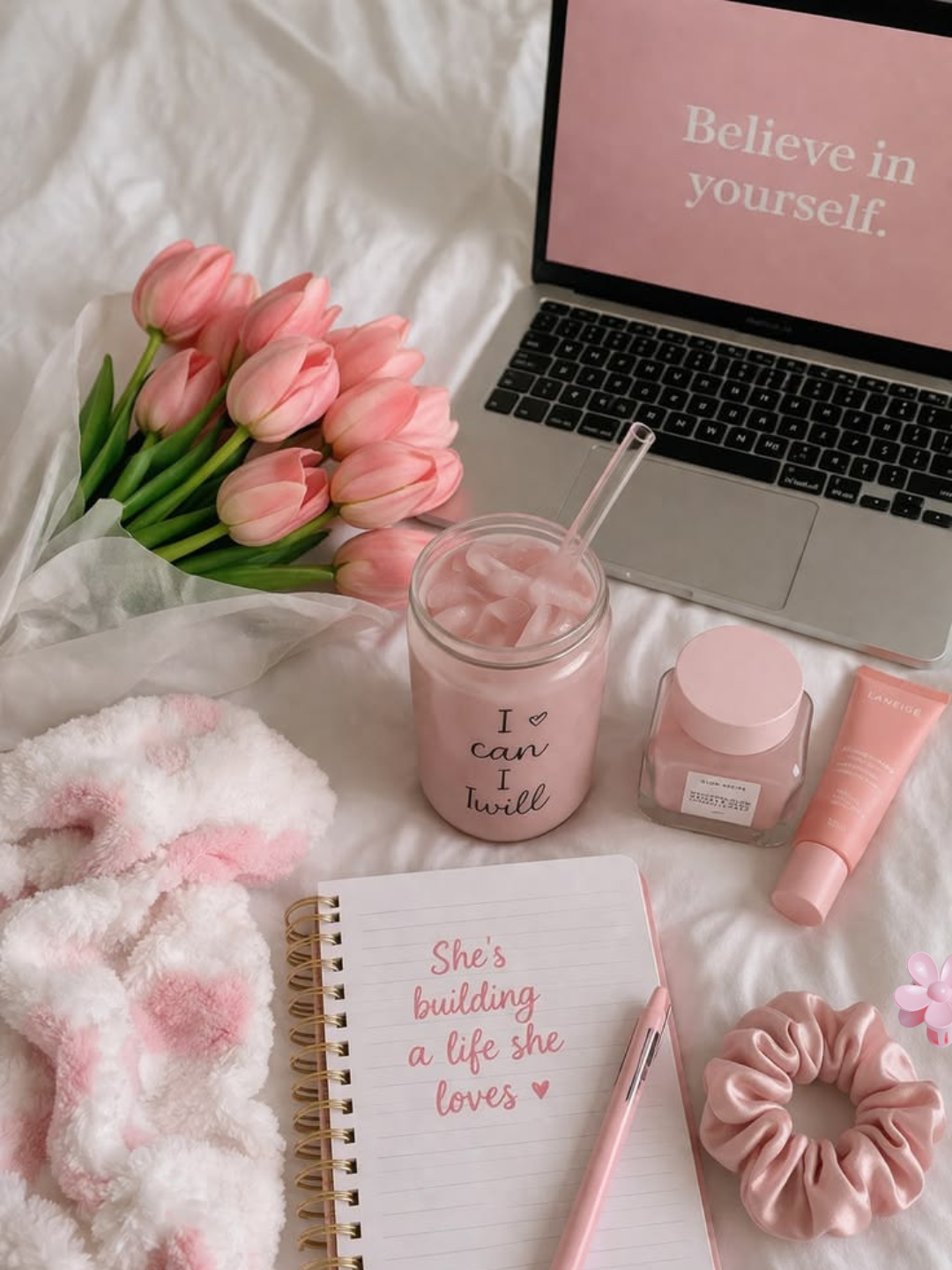 A pink-themed workspace featuring a laptop with coffee, glasses and notebook