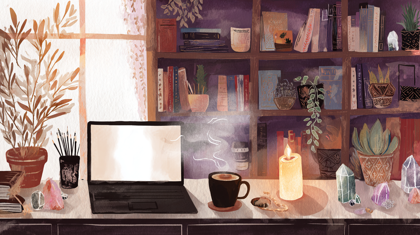 A cozy creative workspace with crystals and candles