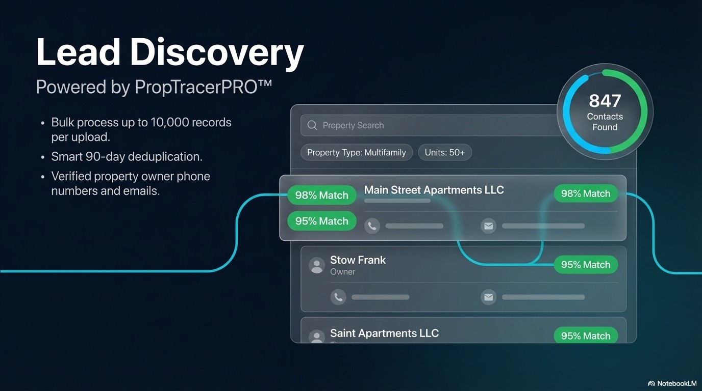Lead Discovery powered by PropTracerPRO™ — Bulk process up to 10,000 records with verified contacts