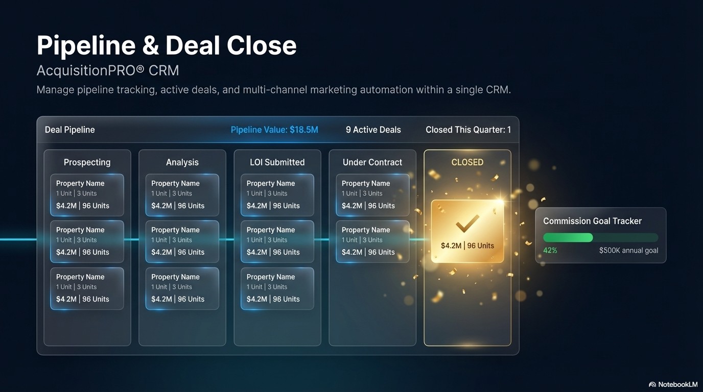 Pipeline and Deal Close — AcquisitionPRO® CRM with pipeline tracking and commission goal tracker