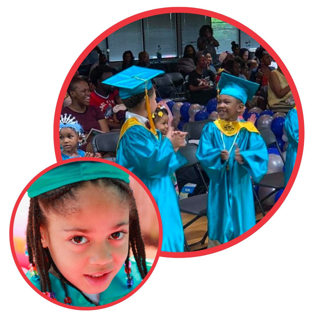 children celebrating their graduation from Toddler University in their cap and gown, sharing in joy and celebration