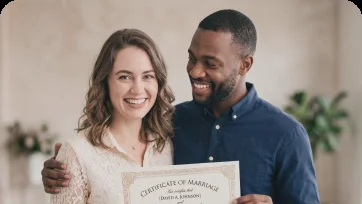 Couple holding their marriage certificate