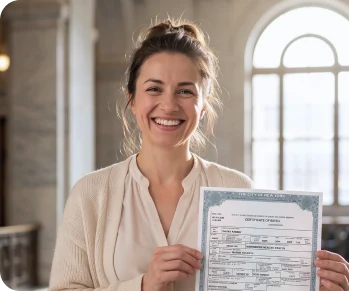 Woman holding her birth certificate