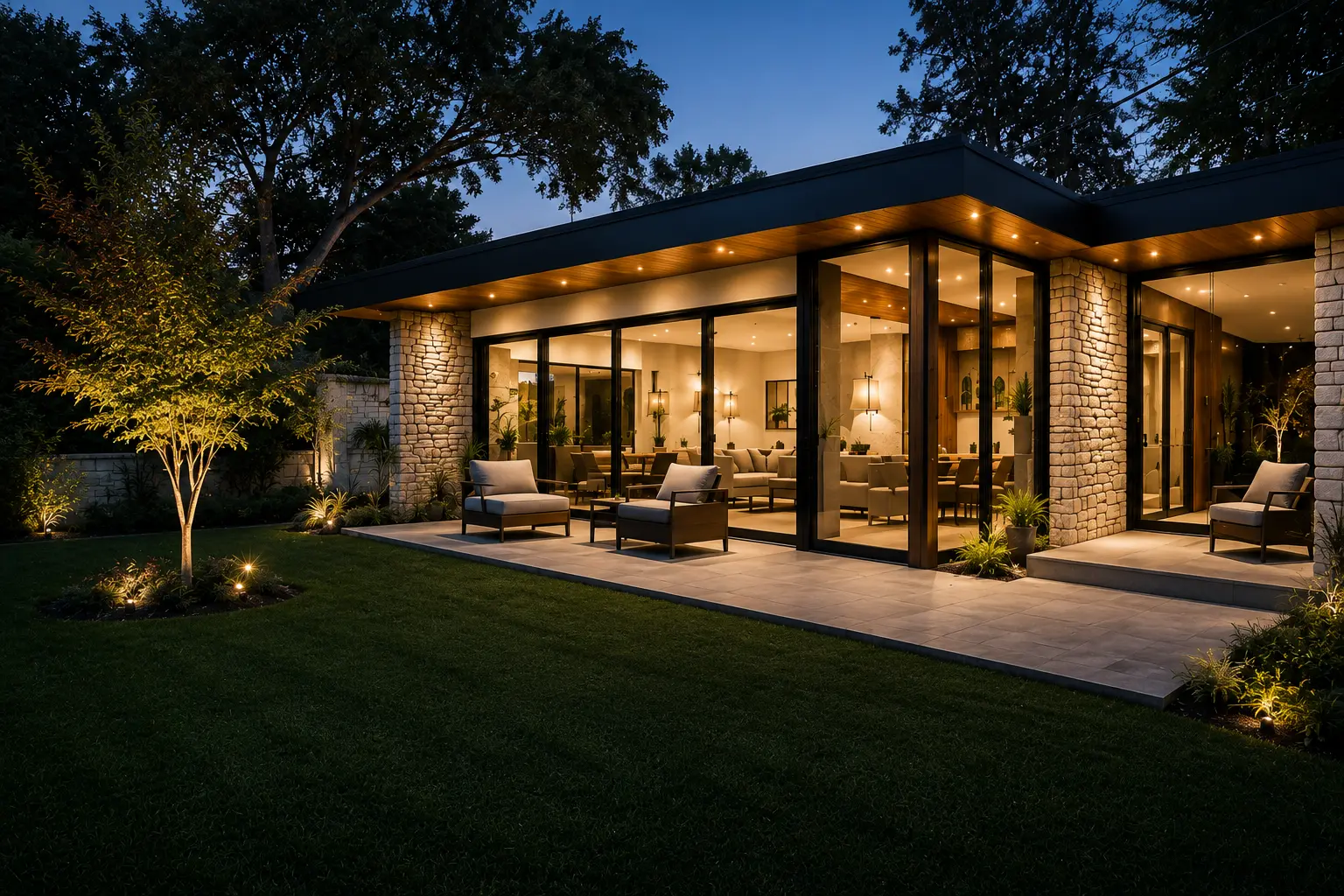 Modern residential architecture at dusk