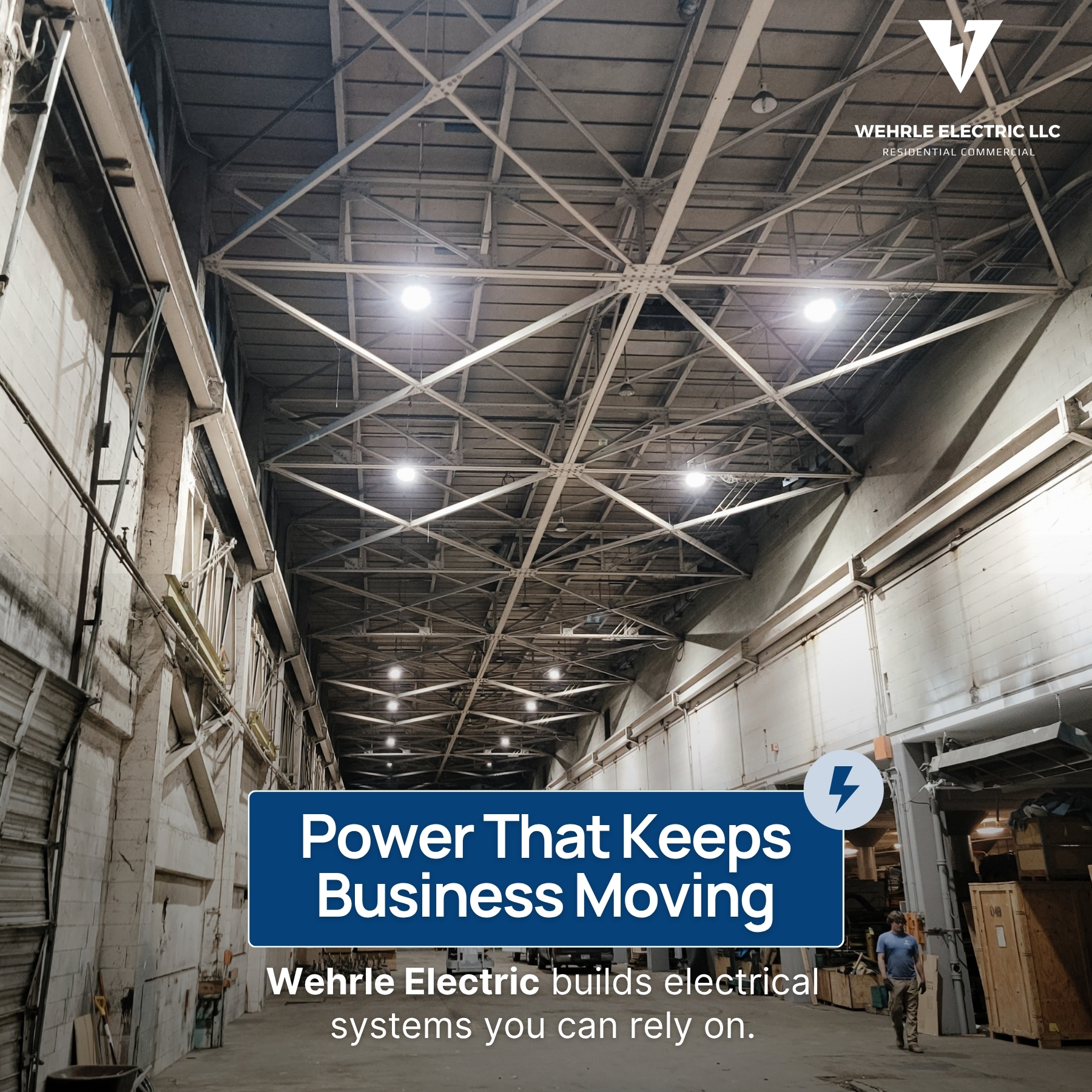Industrial lighting installation inside a large warehouse facility in Northern Kentucky by Wehrle Electric, featuring high-bay lighting and commercial electrical service. Industrial lighting installation inside a large warehouse facility in Northern Kentucky by Wehrle Electric, featuring high-bay lighting and commercial electrical service.