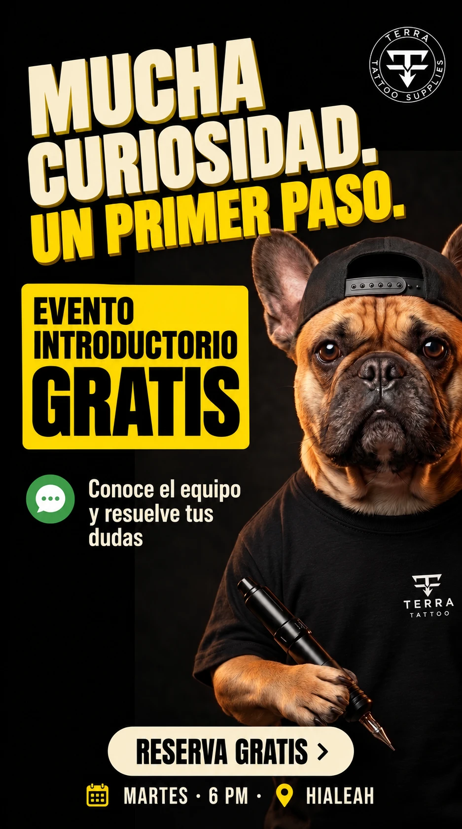 Mascota de Terra Tattoo con máquina de tatuaje: evento gratis en Hialeah