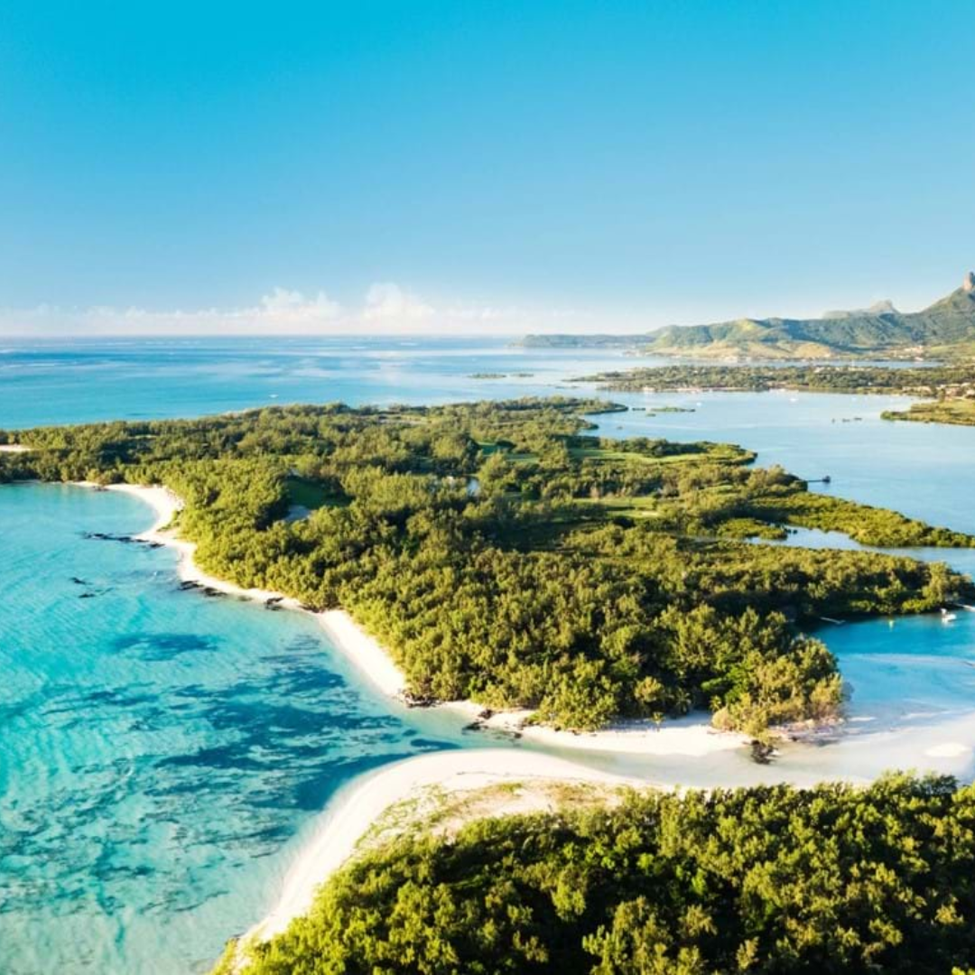 Turquoise lagoon and tropical islands on the east coast of Mauritius