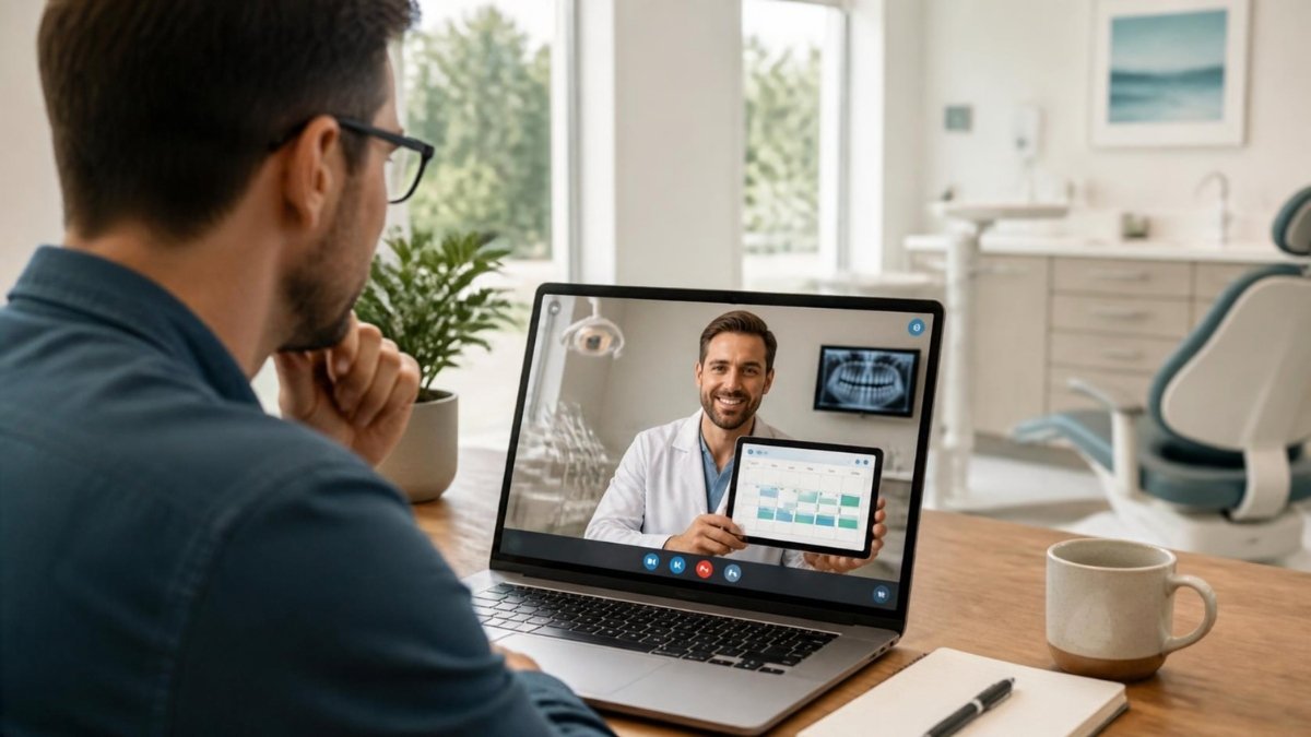 An agency owner on a video call walking a dental clinic client through her booking calendar
