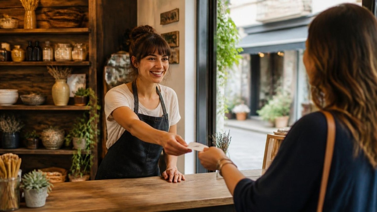 A shop owner handing a customer a business card at the counter