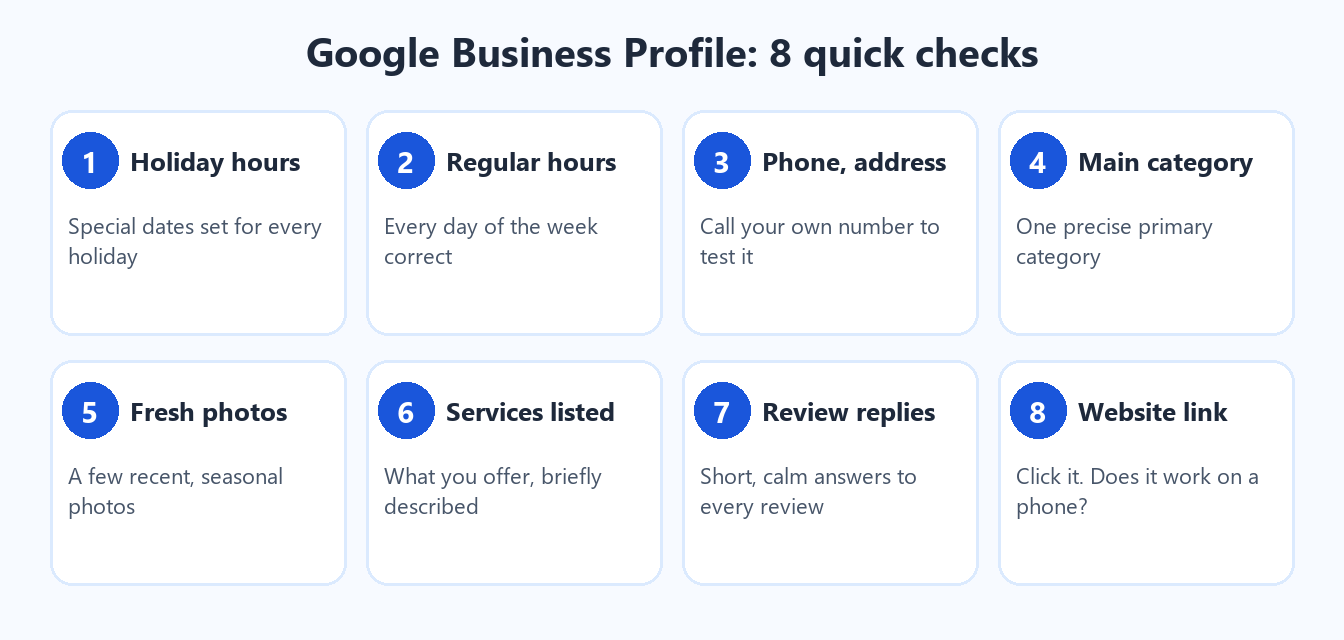 A checklist of Google Business Profile items for small businesses to review before the holidays