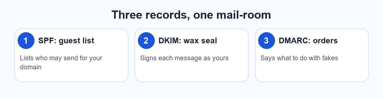 Three step cards comparing SPF, DKIM and DMARC to a guest list, a wax seal and delivery instructions