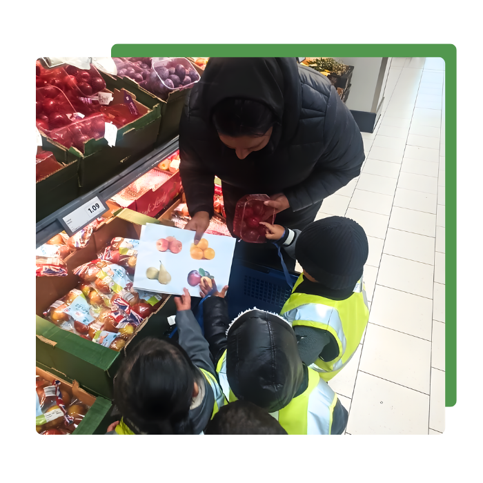 children n and teacher at shop