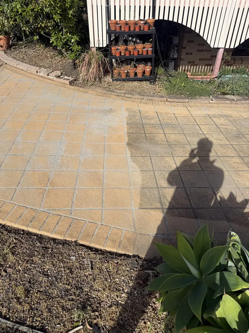 Pavers part-way through pressure cleaning at a Shellharbour home, with a clean strip beside the dirty section