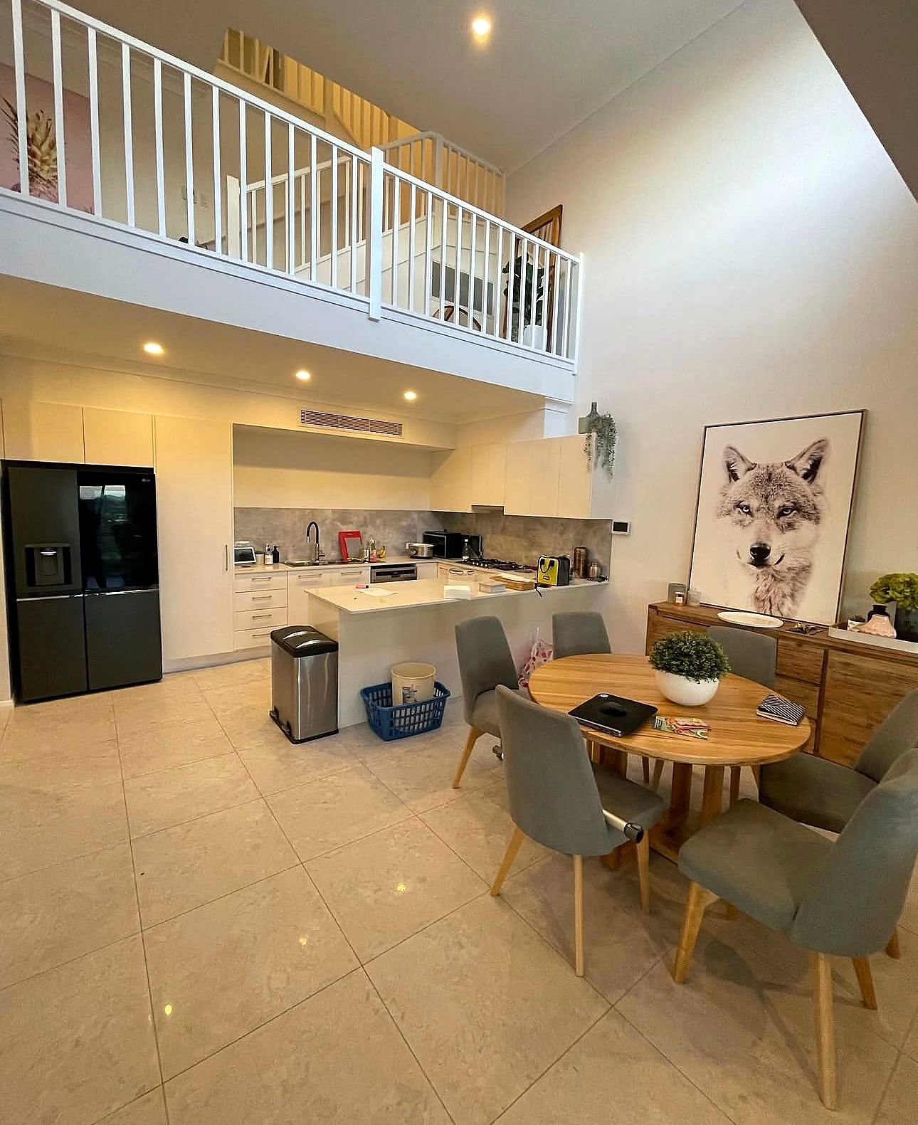 Open-plan kitchen and dining area freshly painted