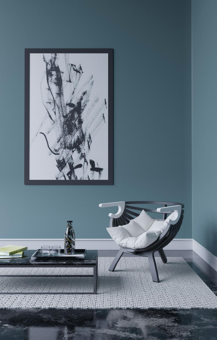 Blue-grey feature wall with art