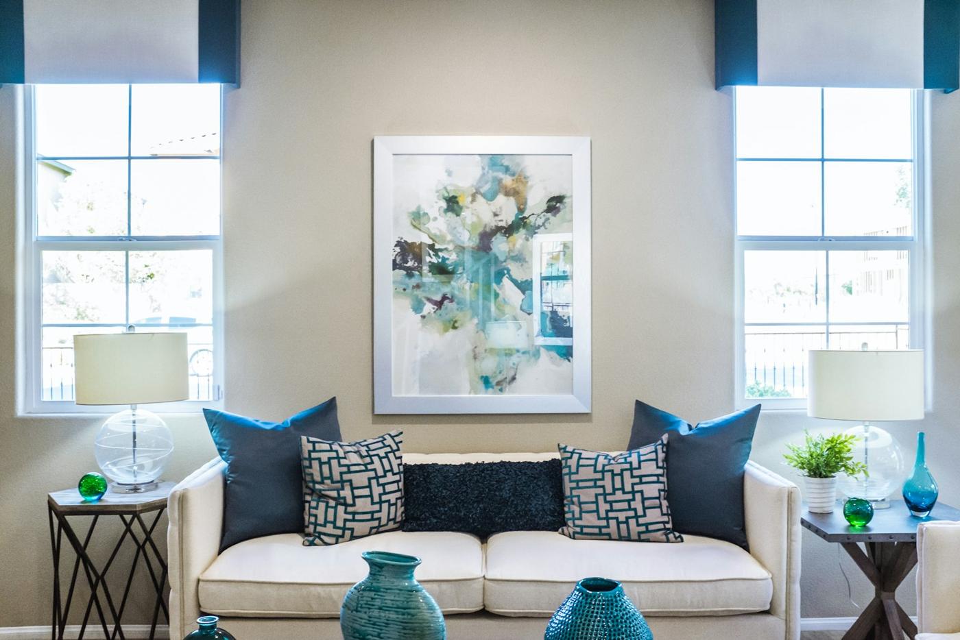 Living room with soft blue walls